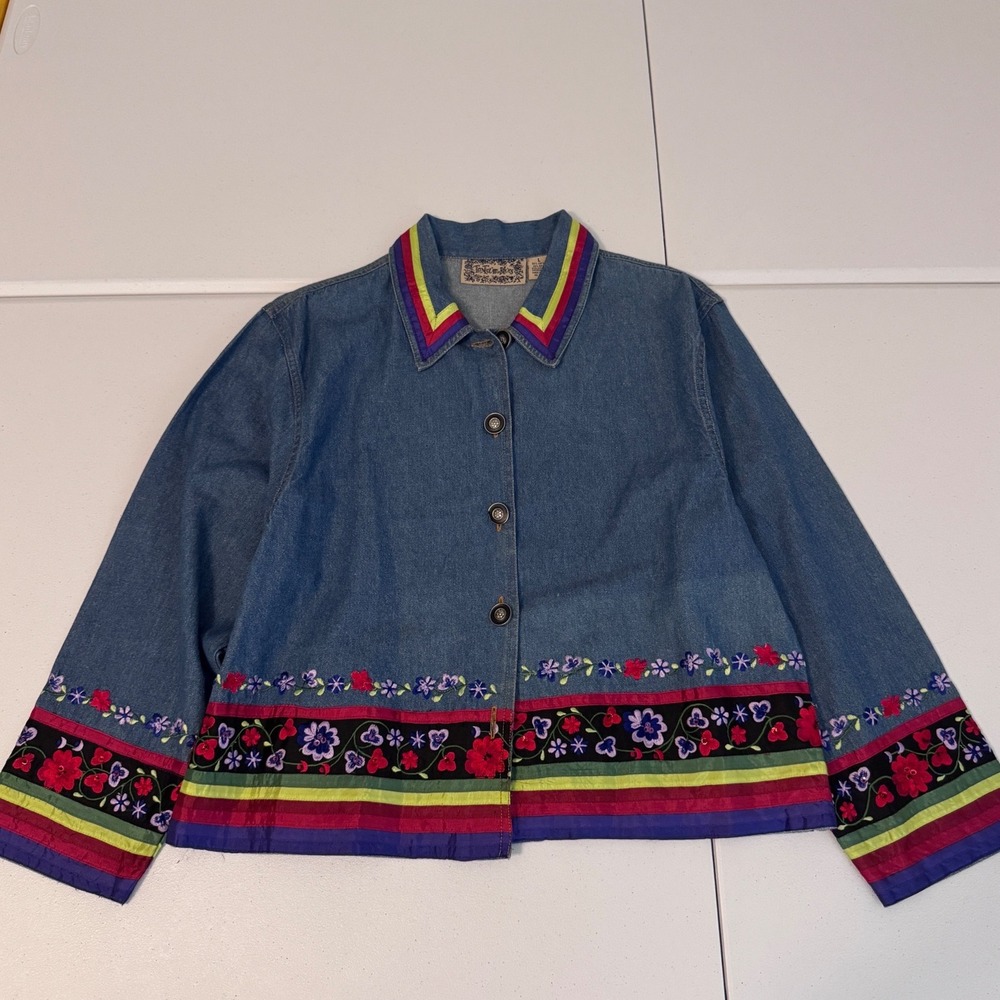 Tantrum Blues Denim Jacket Floral Embroidery Ribbon Trim Boho Blue Large ff